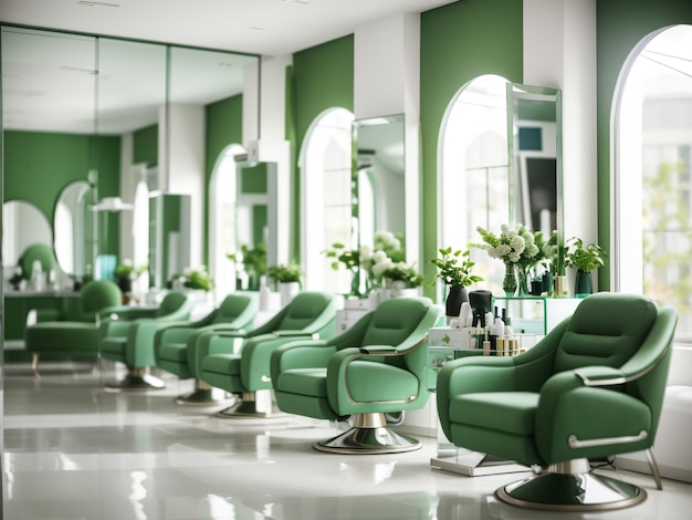 Green Beauty Salon with Rows of Armchairs and Minimalist Design