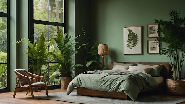 Green bedroom interior design with wooden bed and plants