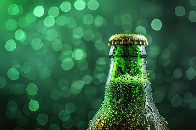 Green beer bottle with drops