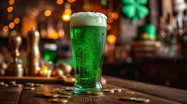 Green beer in Irish pub with St Patricks Day decor green top hat and gold coins AI Generated