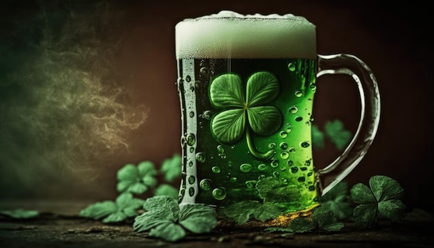 A green beer mug with a green shamrock on it