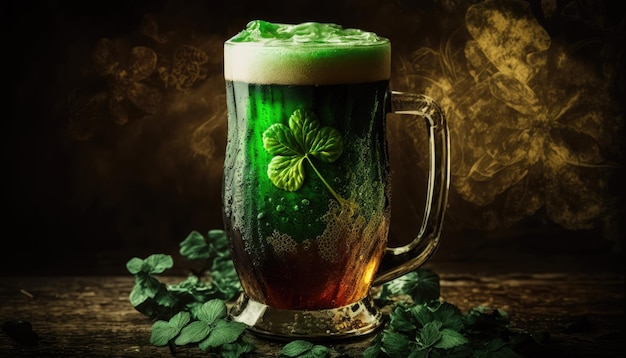 A green beer mug with a shamrock on it