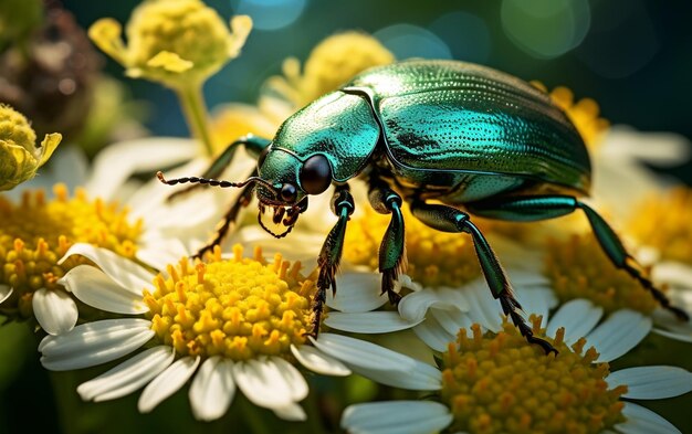 Green Beetle on Sunlit Flower Generative AI