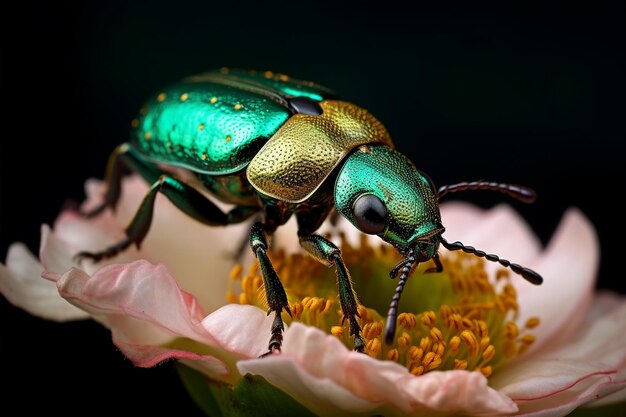 Green Beetle on White Flower with Blurry Background