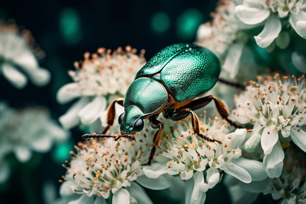 Green Beetle on White Flowers