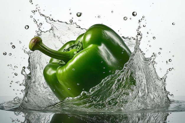 Green bell pepper in water with a splash of water