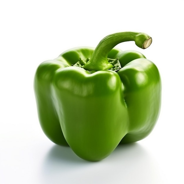 A green bell pepper with a green stem is sitting on a white surface.