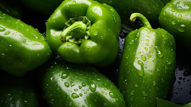 Photo green bell peppers with water drops on dark background neural network ai generated