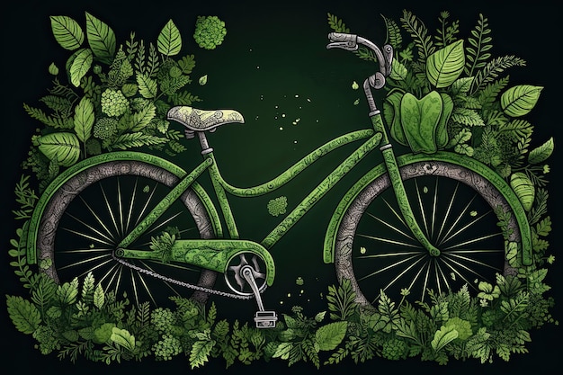 Green bike enveloped by lush leaves intricately detailed Generative AI