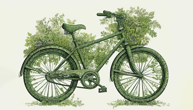 Green bike enveloped by lush leaves intricately detailed Generative AI