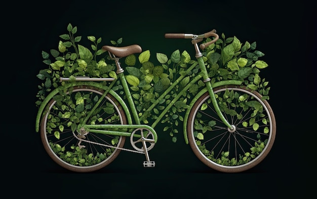 Green bike enveloped by lush leaves intricately detailed Generative AI