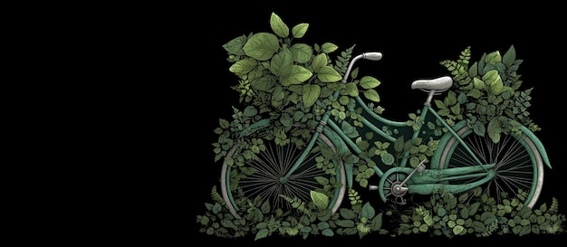 Green bike enveloped by lush leaves intricately detailed Generative AI