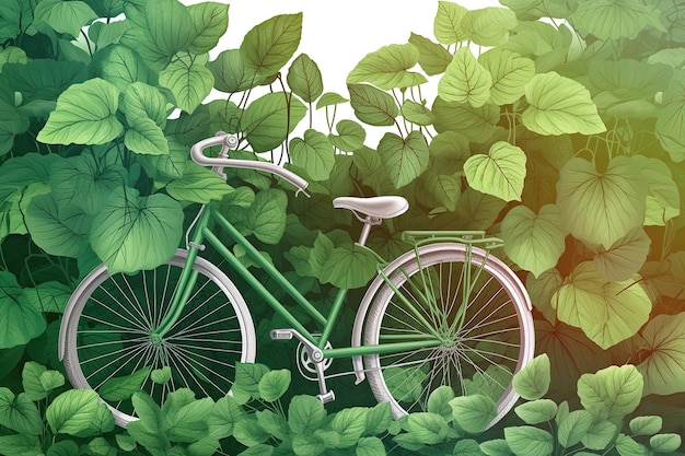 Green bike enveloped by lush leaves intricately detailed Generative AI