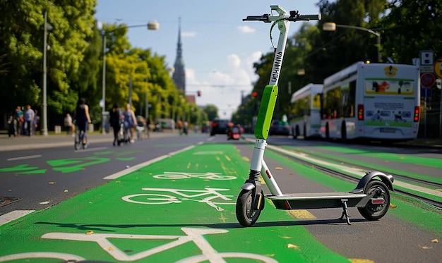 Photo a green bike is on the street with the green bike on the side