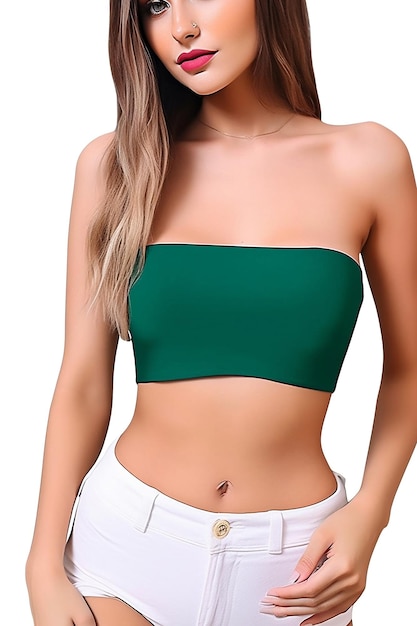 A green bikini top with a white pants that says " i'm a girl " on it.