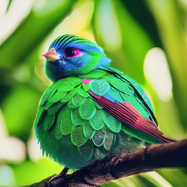 Green bird sits on a branch