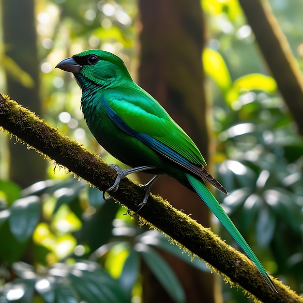 A green bird with blue feathers sits on a branch