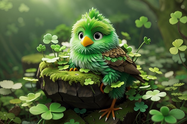 a green bird with a green head sits in a nest with leaves