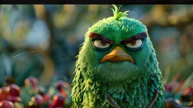 a green bird with a yellow beak and a beak that says angry