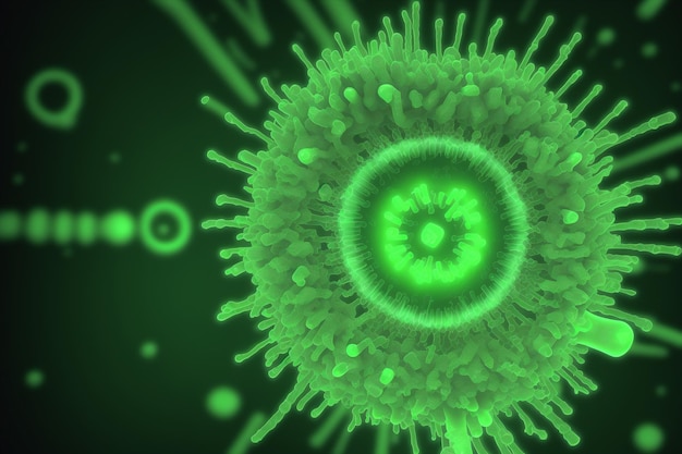 A green and black background with a virus in the middle