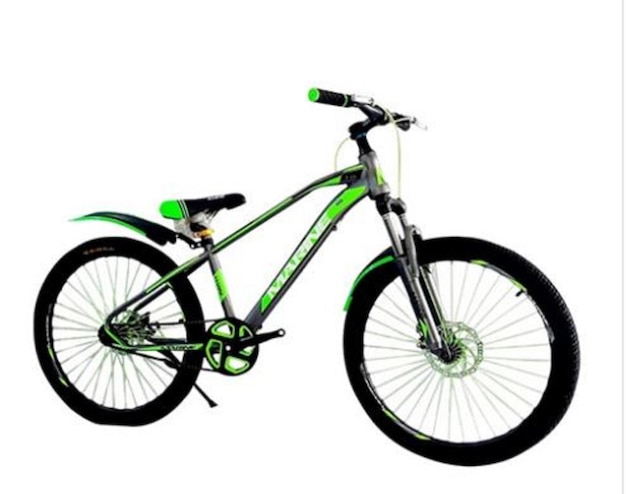 a green and black bike with the word  bike  on the front