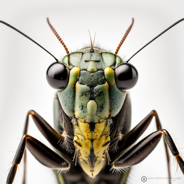 A green and black insect with a white background and the word " o " on the bottom.