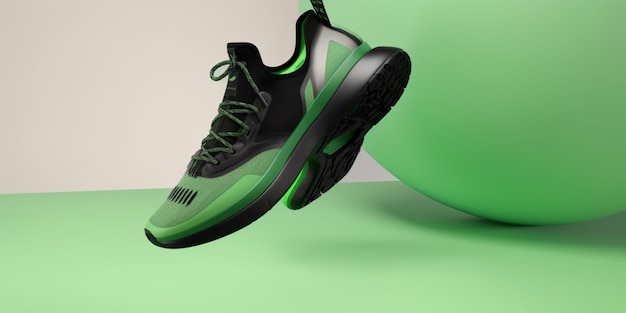 A green and black shoe is suspended in the air.