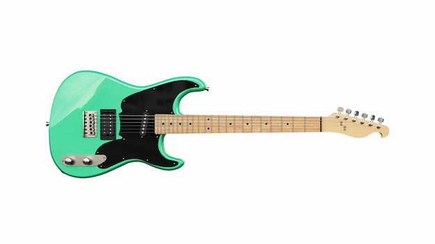 Green and black six-string electric guitar on a white isolated background. 3d rendering.