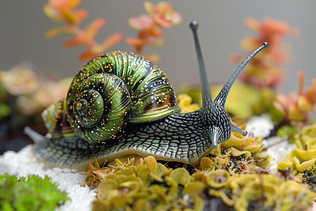 A green and black snail with snail spout on a white background