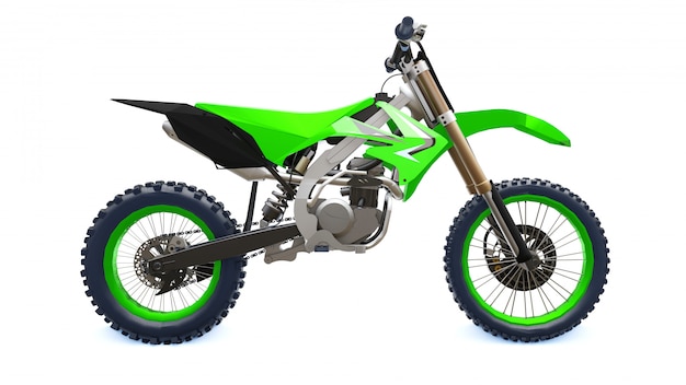 Green and black sport bike for cross-country on a white background. Racing Sportbike. Modern Supercross Motocross Dirt Bike