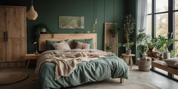 Green blanket on a comfortable double bed with a large window in a Scandinavian style bedroom interior with a forest view