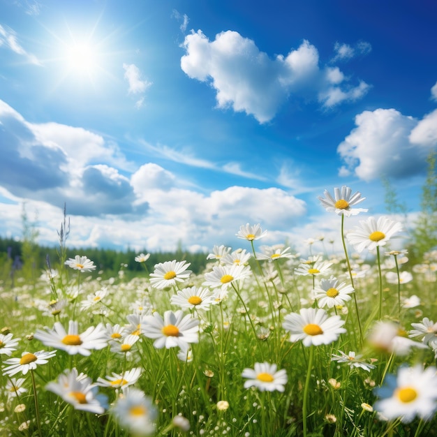 Green blooming field with white daisies over a blue sky with clouds