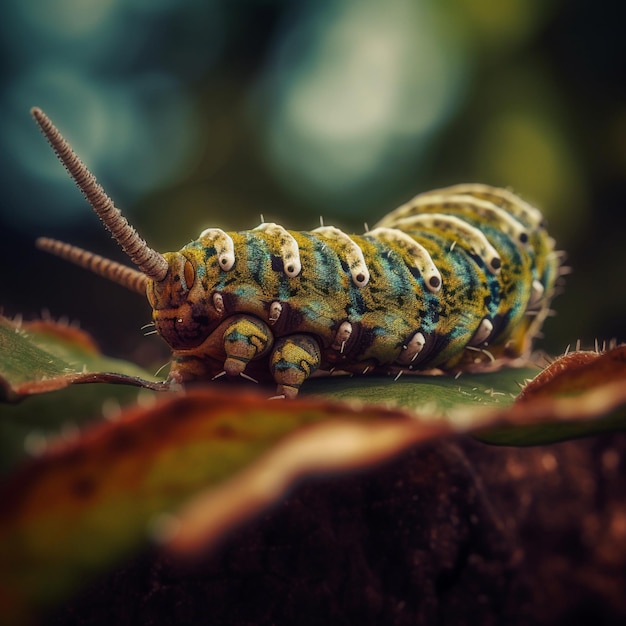 A green and blue caterpillar is sitting on a leaf.