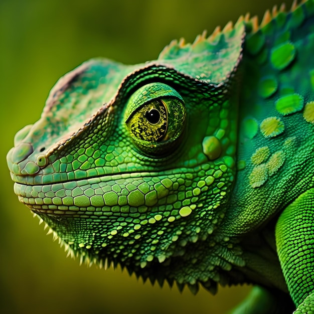 A green and blue chameleon is perched on a branch.