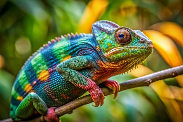 A green and blue chameleon is sitting on a branch