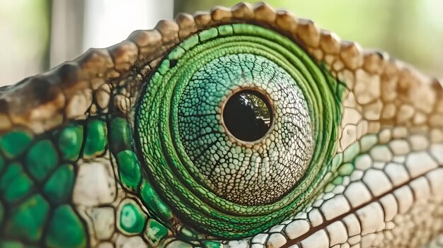 Photo a green and blue eye of a green lizard