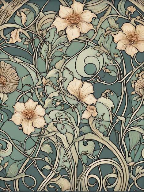 a green and blue floral pattern with flowers and leaves