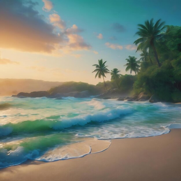 A green and blue image of a beach scene