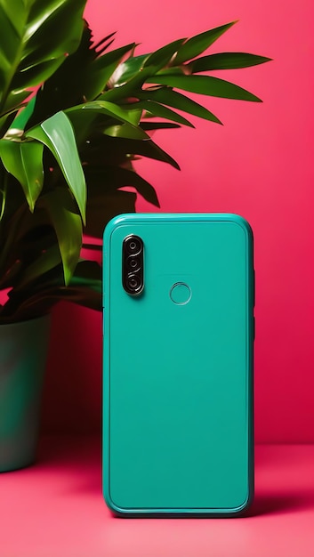 a green and blue phone with a plant in the corner