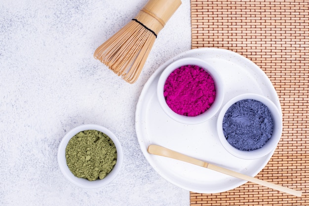 Green, blue and pink matcha powder