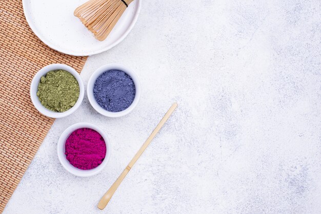 Green, blue and pink matcha powder