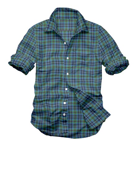 A green and blue plaid shirt hangs on a white background.