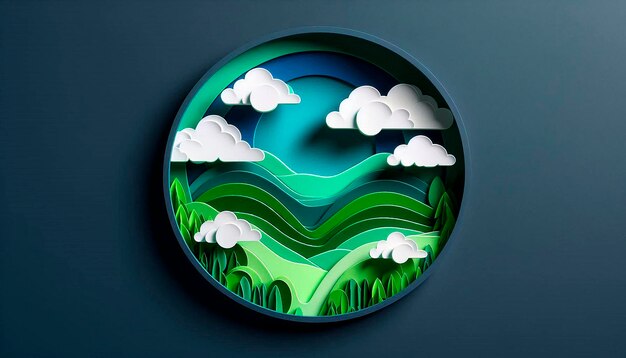 a green and blue plate with clouds and the sky