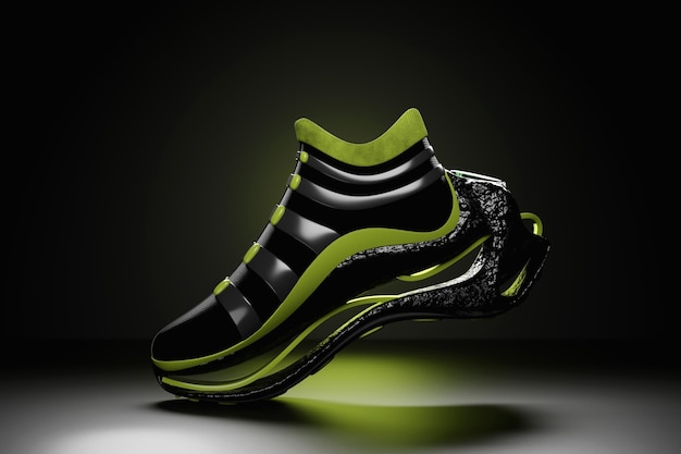 Green and blue sneaker on the sole The concept of bright fashionable sneakers 3D rendering