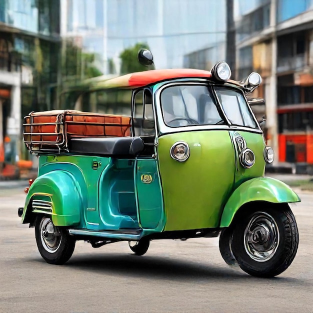 a green and blue vespa with luggage on the back of it