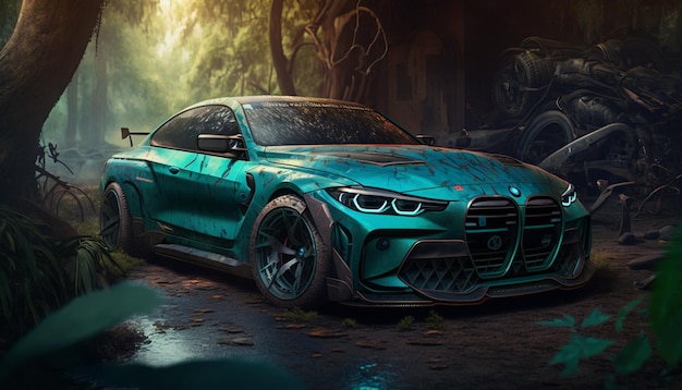 A green bmw m4 with a dirty paint job in the background