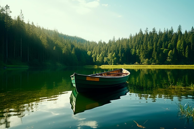 Green boat in the lake Beautiful landscape of the lake AI Generated