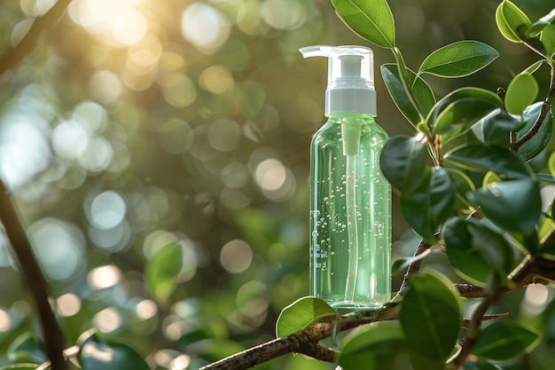 Photo green body oil bottle on a branch with leaves