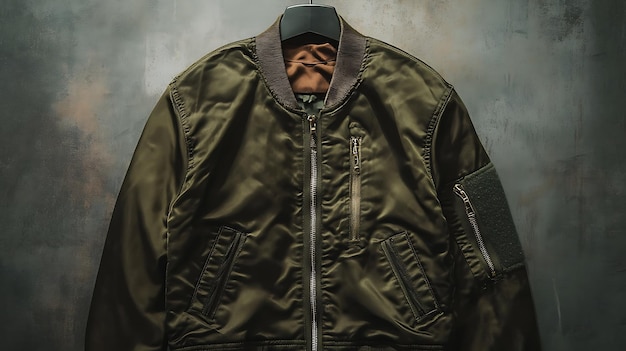 Photo green bomber jacket on a hanger against a gray textured wall