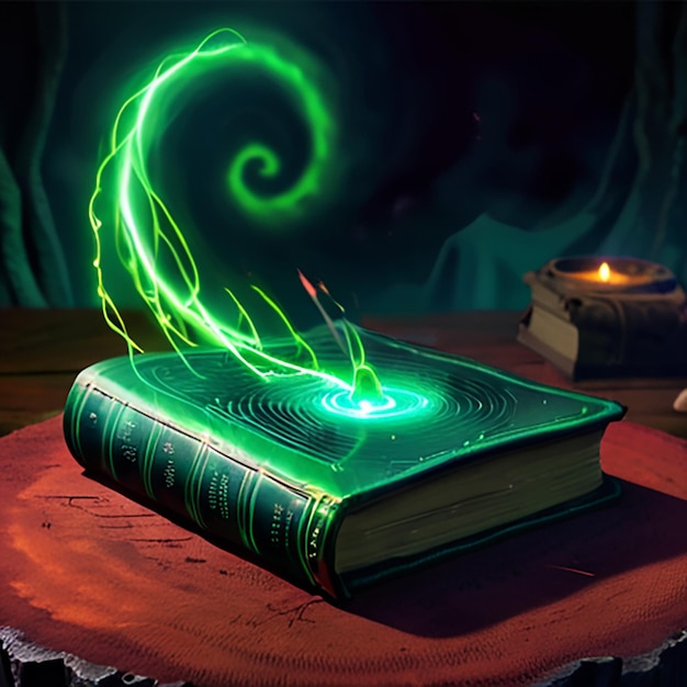 a green book with a green glow that says quot magic quot